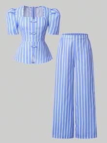 SHEIN Sparklyn 两件套少女T恤套装，蓝白条纹泡泡袖短款上衣搭配休闲直筒裤，女士夏季套装，女士两件套，夏季女士夏季套装，春季女装 - 藍色 - 查看 5