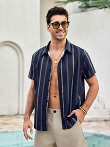 Mercer Haus 男士轻薄商务休闲几何条纹Polo衫，夏季 - 藏蓝色 - 查看 6