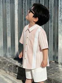 Young Boys' Yellow White Summer Vacation Shirt,Casual Comfortable Fashion Minimalist Soft Fabric For Daily Wear,Travel,Outdoor,Holiday Beach,Spring - Pink - View 3