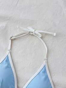 SHEIN 少女纯色简约海军蓝白撞色吊带比基尼套装，休闲沙滩度假装，夏季时尚新品 - 淺藍色 - 查看 6