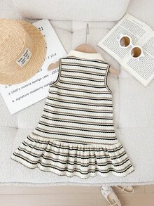 女宝宝夏季休闲度假日常通勤撞色条纹印花 Polo 领荷叶边下摆无袖连衣裙 - 卡其色 - 查看 7