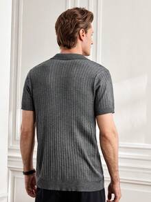 Officeau Polo de manga corta de punto acanalado de ajuste holgado y unicolor para hombre - Gris Oscuro - Ver 2