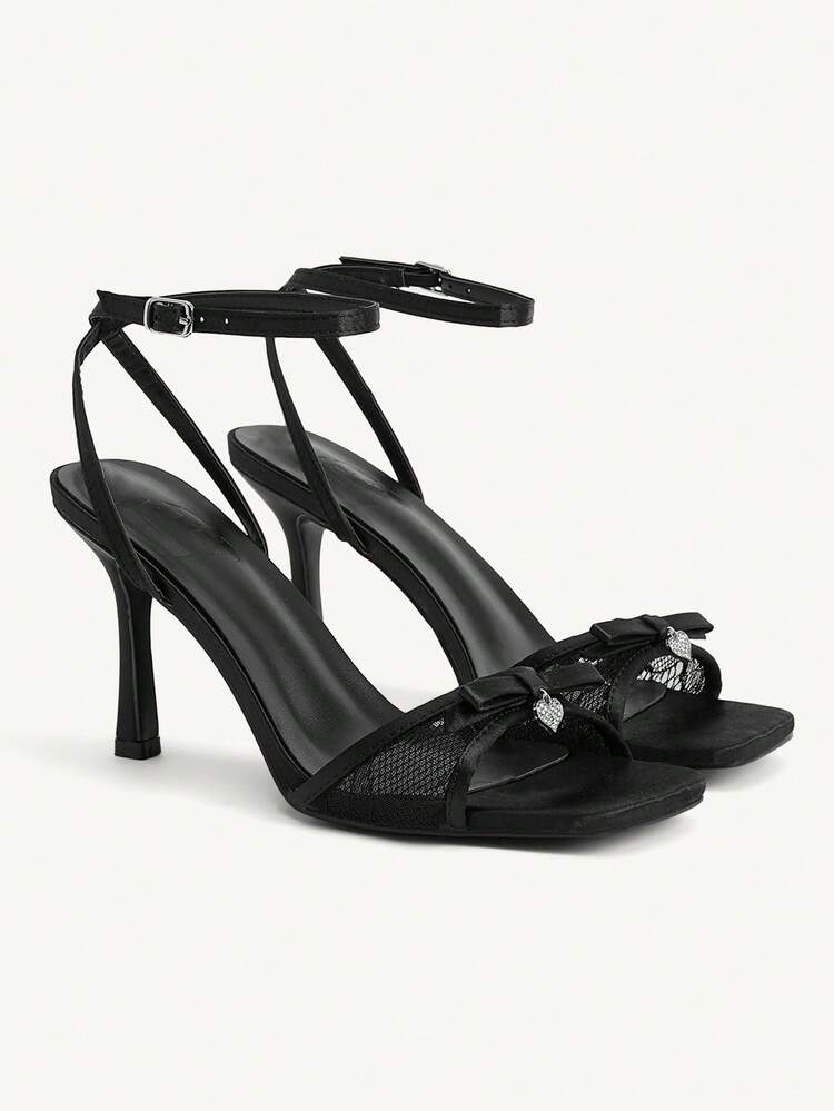 CUCCOO CHICEST Black Satin Satin Women's Lace Mesh Splicing Bow Fashionable And Sexy Spring And Summer Ankle Strap Square Toe High Heel Sandals