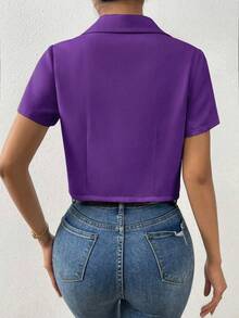 Breezaya Women's Solid Color Mottled Lapel Single-Breasted Short Sleeve Blazer - Purple - View 2