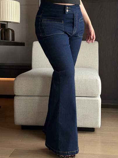 Dazy Plus Quần jeans nữ cỡ lớn màu xanh đậm wash mới, đa năng, thanh lịch, ống loe, mới cho mùa hè.