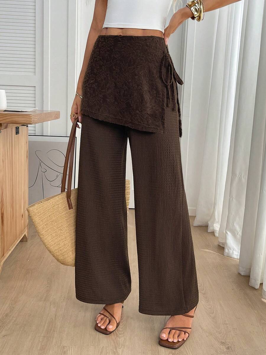 SHEIN LUNE Pantalones de pierna acampanada con parches de encaje asimétricos, de uso casual, para vacaciones, viajes diarios y moda básica para mujeres - Café integral - Ver 1