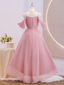 优雅毕业/婚礼少女花朵礼服，雪纺吊带露背拖尾长裙，适合青少年和少女，粉色公主舞会礼服，适合大女孩 - 粉色 - 查看 3