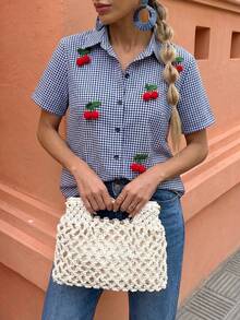 Flora Isola Flora Isola Women's Fashion Resort Style Cherry Print Decor Front Button Short Sleeve Shirt - Multicolor - View 5
