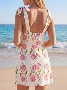 Sylviya 夏季休闲时尚清新花卉印花亚麻混纺系带度假/约会日裙装女式连衣裙 - 粉色 - 查看 2