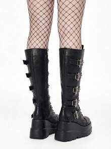 ROMWE Goth Botas altas de tacón grueso con puntera redonda de color rosa para mujer, botas de moda con cordones y elástico para otoño/invierno, zapatos Y2K para atuendos de fiesta - Negro - Ver 2
