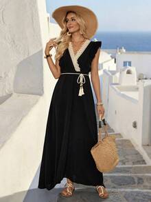 Faunlyn Women's Contrast Lace Cap Sleeve Dress Elegant Tropical Boho Black And Beige Maxi Dress With Ruffles For Summer Tropical Vacation Resort Wear Outfit - Black - View 6