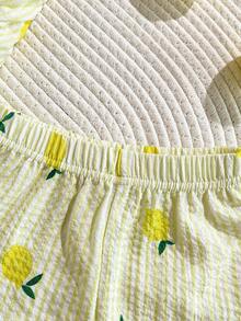 SHEIN Playful Pals 2件套女婴幼儿/新生儿0-3岁休闲日常可爱度假条纹蝴蝶结装饰吊带背心+短裤套装，春夏款 - 黃色 - 查看 8