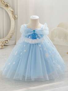 Glamorique Kids 女婴公主裙，蓝色网纱连衣裙，蓝色公主裙，雪花印花网纱蓬蓬裙，白色毛边，派对礼服，优雅正式礼服，秋冬新品，四季皆宜，中东、欧洲和美洲，带披肩 - 藍色 - 查看 4