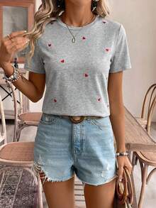 SHEIN Frenchy Áo thun ngắn tay nữ thêu chỉ họa tiết trái tim, kiểu dáng thường ngày, thích hợp mặc hàng ngày. Áo thun mùa hè, áo thun cotton nữ, áo thêu, áo kiểu mùa hè. - Xám - Xem 5