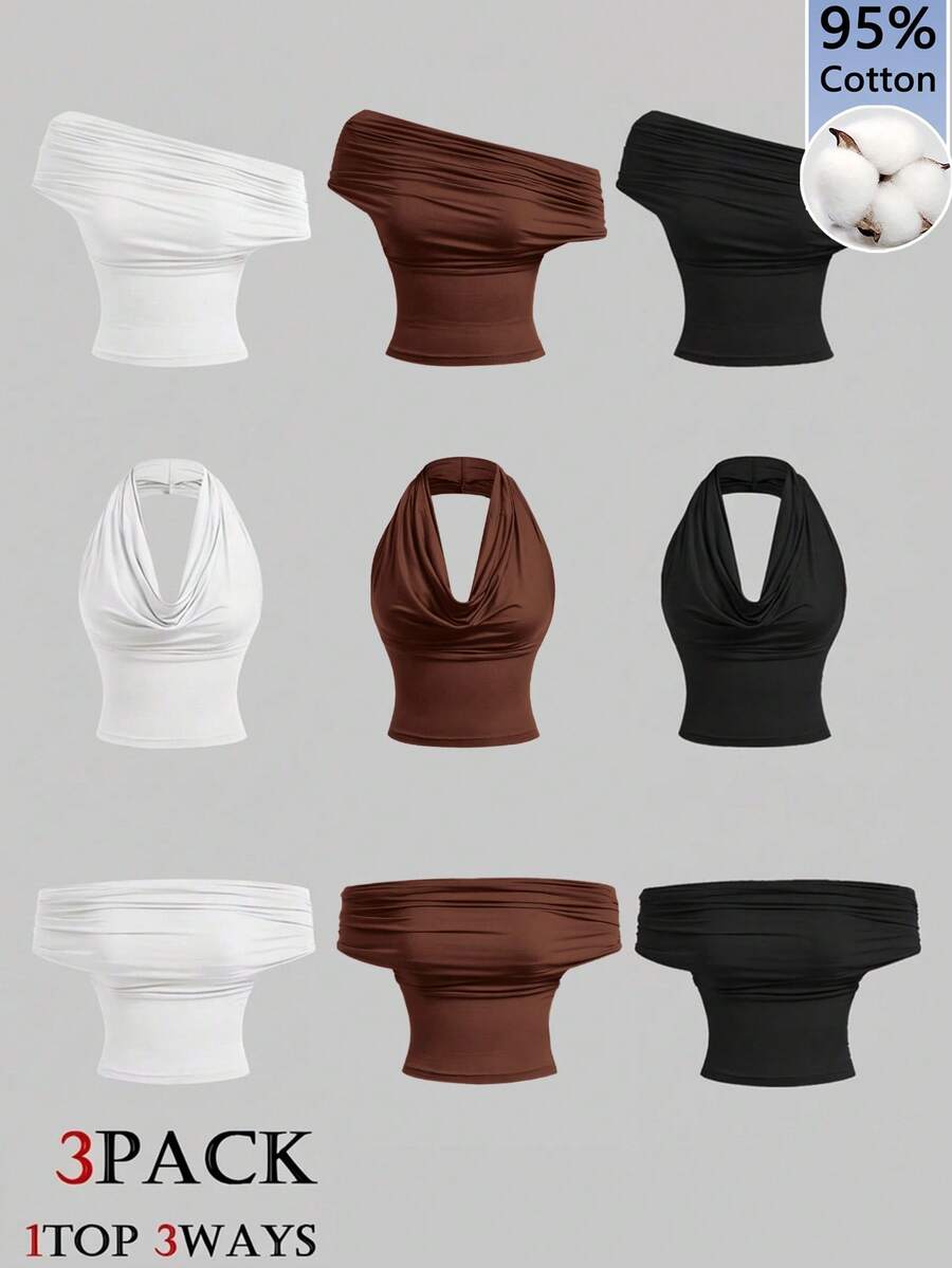 SHEIN MOD 95%棉质三色双面吊带背心,黑/白/棕,适合夏季穿着 - 彩色 - 查看 1