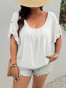SHEIN LUNE Áo thun dáng rộng cỡ lớn, cổ xếp ly và viền hoa. - trắng - Xem 6