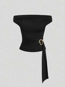 Sweetra Kaos Tanpa Lengan Wanita Model Tube Top Asimetris Berlapis dengan Tekstur Vintage Minimalis Berfokus pada Desain Gaya High Street Chic Musim Semi/Panas Terbaru untuk Wanita - Hitam - View 3