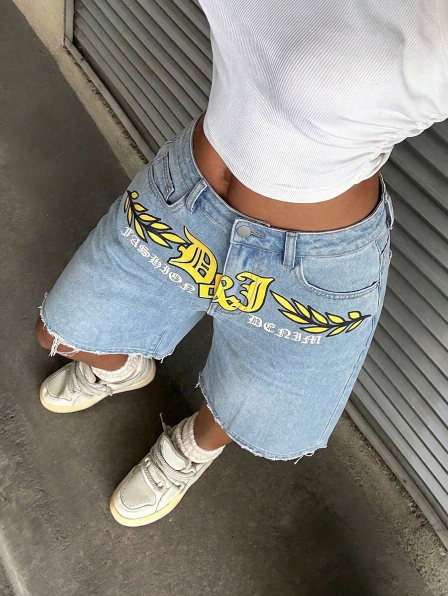 StreetHx Quần short denim cạp thấp in họa tiết phong cách đường phố thường ngày - Rửa nhẹ - Xem 1