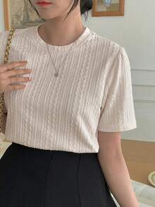 DAZY 女士夏季圆领休闲通勤百搭宽松短袖T恤 - 杏色 - 查看 6