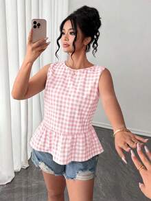 Elenzga 大码女式无袖格子休闲衬衫上衣，清爽宜人，适合春夏穿着 - 粉色 - 查看 1