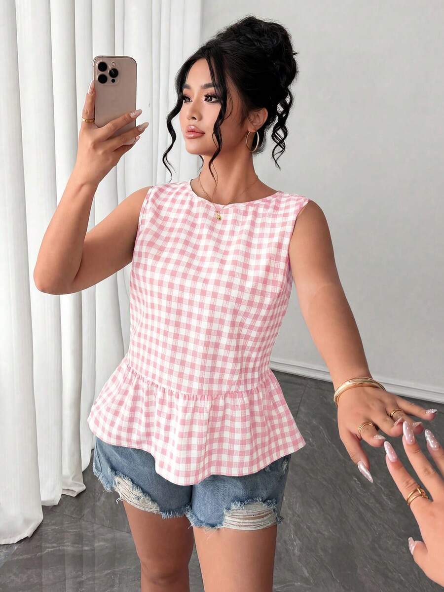 Elenzga 大码女式无袖格子休闲衬衫上衣,清爽宜人,适合春夏穿着 - 粉色 - 查看 1