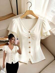 GlowEve 女士杏色纯色V领A字型收腰优雅衬衫，适合职业场合、正式场合、休闲场合、旅行、派对、春夏穿着。 - 杏色 - 查看 7