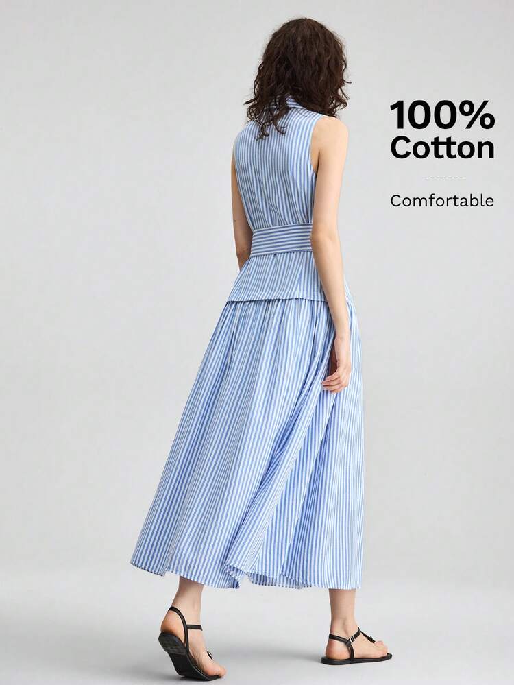 Blue And White Dress Women's Fashion Striped Print Sleeveless Dress All-Season Versatile Modern Urban Fashion Business Casual Women's Wear Office Attire Understated Old-Money Style, Elegant And Sophisticated, High-Quality Commuter And Airport Women's Wear Bohemian Style Vacation Outfits,Boho,Seaside Women's Clothing, Country Music Concert Style, Western Style Clothing, Nomadic Casual Fashion,Summer Dresses For Women Striped Dress