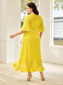 MOTF PREMIUM PLUS SIZE PLEATED LONG DRESS WITH BELT, COMFORTABLE FOR SPRING & SUMMER - Yellow - View 3