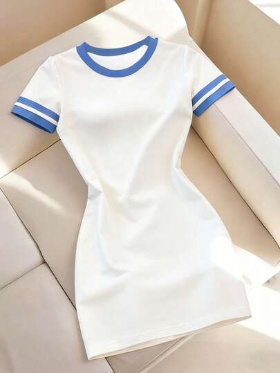 SHEIN LUNE 女士圆领短袖拼接修身迷你连衣裙，休闲度假夏季服装，嘉年华连衣裙，新款夏季连衣裙，度假沙滩连衣裙，优雅女士夏季连衣裙