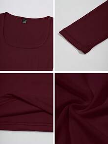 Zavorell Women's Casual Solid Color Square Neck Long Sleeve T-Shirt - Burgundy - View 6