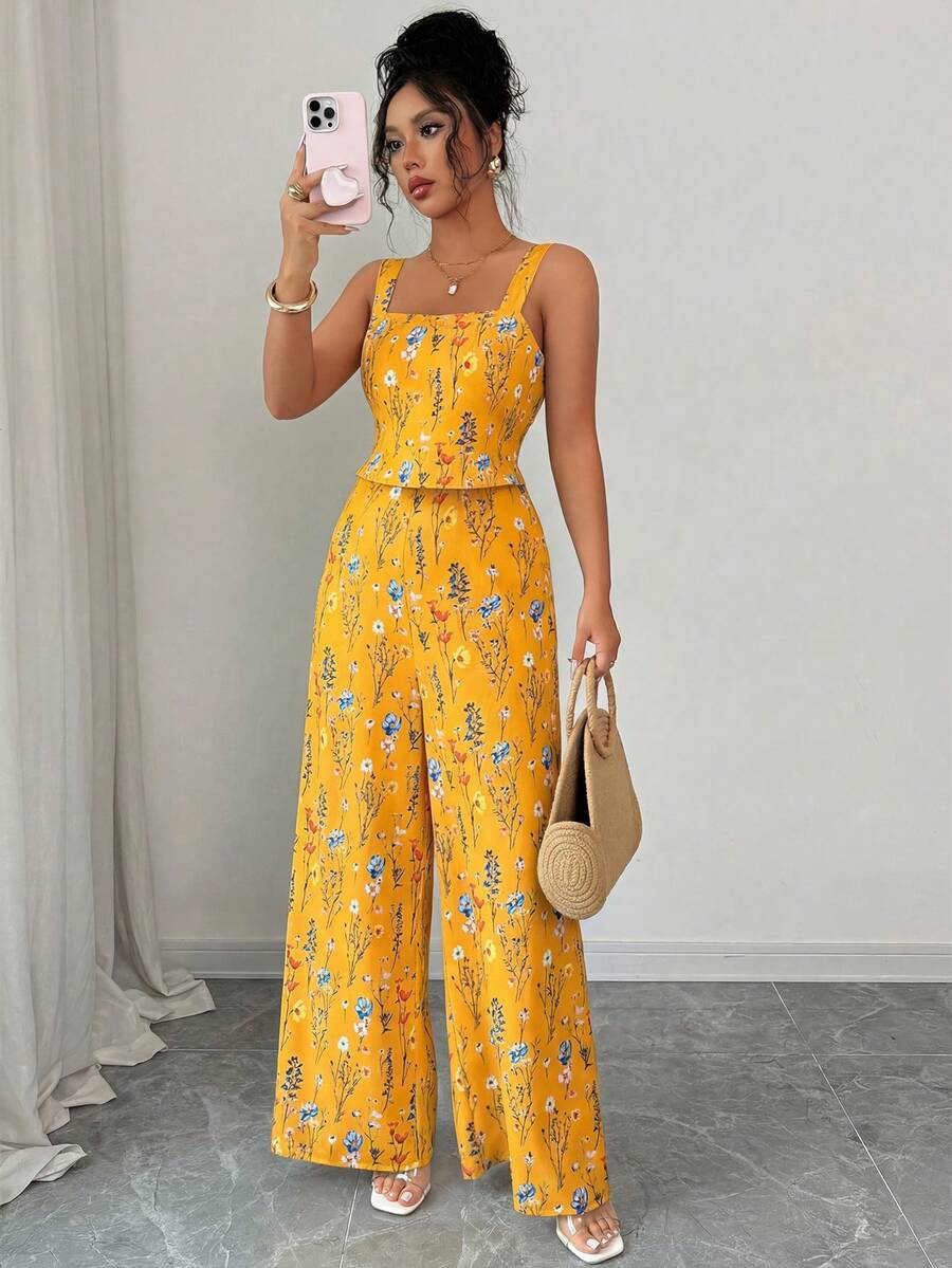 Rafferiza 夏季休闲度假印花宽松阔腿连体裤两件套女装两件套黄色两件套女装印花套装黄色印花两件套佐伊套装女士两件套赞特岛度假套装动物园套装 - 黃色 - 查看 1