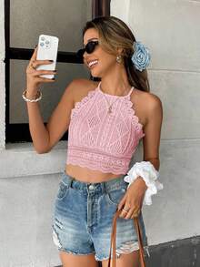 Serisse Women's Geometric Textured Contrast Lace Halter Crop Top,Pink Top - Pink - View 4