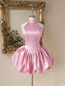 Lovelzi 优雅甜美露肩吊带迷你连衣裙，采用束腰设计，后背系带可调节，适合各种场合，例如鸡尾酒会、网红造型和正式场合。 - 粉色 - 查看 1