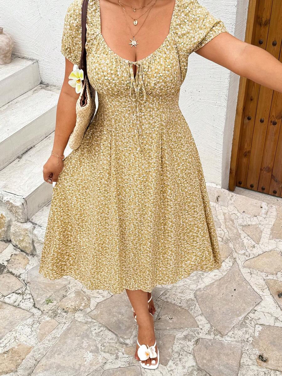 Sunnyshic Plus Size Diamond Collar Pattern Print A-Line Short Sleeve Dress - Multicolor - View 1