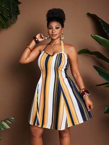 Plus Size Sleeveless Retro Striped Elegant Dress - Multicolor - View 4