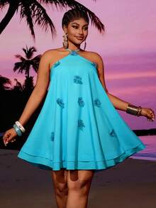 Maweii Plus Size Halter Neck Beach Vacation Romantic Backless 3D Floral Dress - Blue - View 2