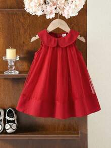 SHEIN Đầm cổ Peter Pan dáng rộng phong cách preppy dễ thương cho bé gái - Đỏ - Xem 7