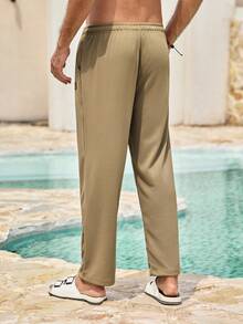 Mercer Haus Men Letter Patched Detail Drawstring Waist Sweatpants - Khaki - View 2