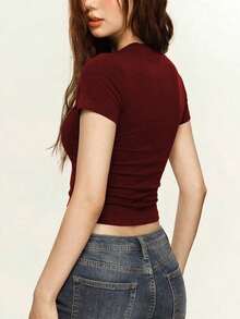Rina Fox 女士酒红色纯色蕾丝领系带修身短袖T恤 - 酒紅色 - 查看 2