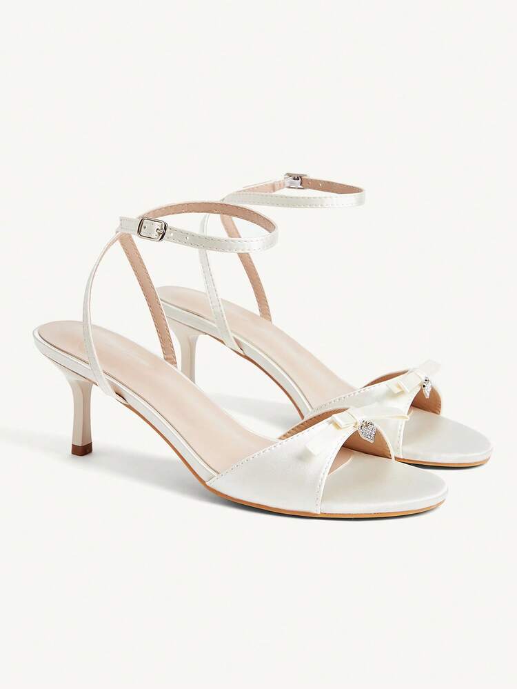 CUCCOO CHICEST Women Shoes Pink Satin Satin Bow Heart Buckle Decoration Word, Ankle Strap Fashion Elegance Temperament Spring And Summer Wedding Round Toe High Heel Sandals