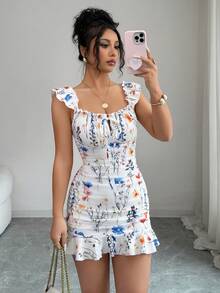 SHEIN LUNE 夏季露肩荷叶边下摆修身A字连衣裙，优雅性感法式印花连衣裙，收腰设计，适合约会、度假和通勤。 - 杏色 - 查看 4