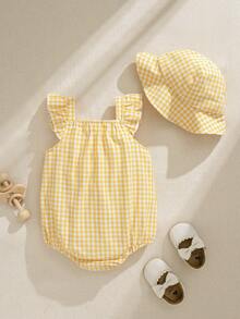 Souflis Souflis Baby Girls' Summer New Sleeveless Off-Shoulder Ruffle Trim Bodysuit With Bucket Hat - Yellow - View 2