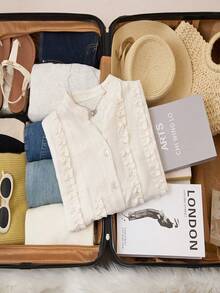 SHEIN 百搭度假风圆领蕾丝拼接宽松米色女式衬衫，春夏款 - 白色 - 查看 3