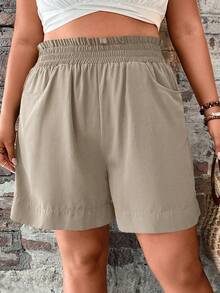 EMERY ROSE Plus Size Women Solid Color Elastic Waist Pocket Casual Shorts Linen Shorts Women Plus Size Beige Shorts High Waisted Shorts Summer Outfit For Women - Khaki - View 4