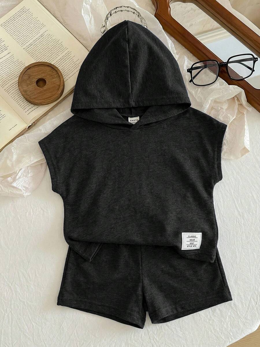 Baby Boy Summer Casual Hooded T-Shirt And Shorts Set - Black - View 1