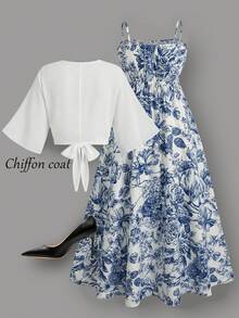 Rometta Plus Size Women's Elegant White Summer Chiffon Jacket & Floral Print Camisole Dress 2-Piece Set,Perfect For Bachelorette Party,Tea Party,Graduation - Baby Blue - View 2