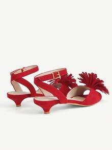 CUCCOO CHICEST Giày nữ mùa xuân hè, mũi tròn, gót thấp, gót nhọn, thiết kế gai ba chiều, màu đỏ giả da lộn, giày đế bằng cho nữ. - Đỏ - Xem 4