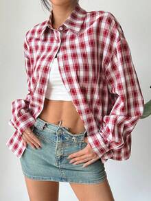 Flirla 女士休闲街头风格格子长袖衬衫 - 紅白色 - 查看 3