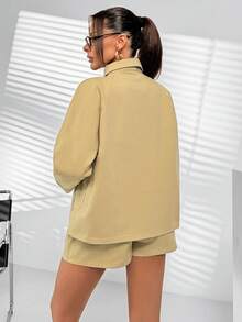 Woman Denim Two Pieces Set Oversize Drop Shoulder Button Front Beige Color Jacket And High Waist Denim Casual Short - Beige - View 2