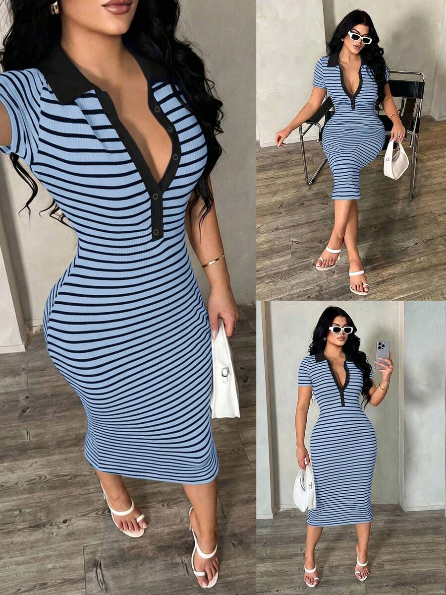 SHEIN SXY Rochie polo cu dungi minimaliste casual pentru femei, rochie tricotată cu elastic, lungime medie, rochie elegantă franțuzească - Albastru - Vizualizare 1
